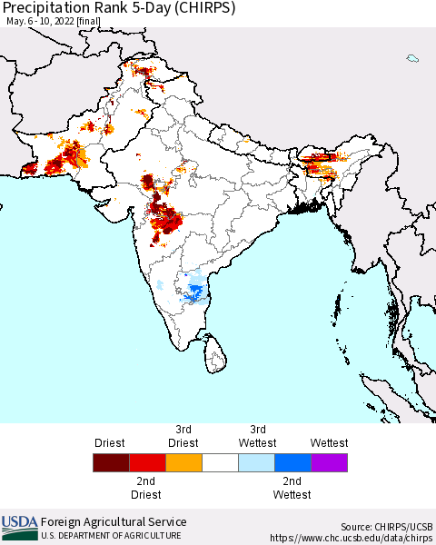 Southern Asia Precipitation Rank since 1981, 5-Day (CHIRPS) Thematic Map For 5/6/2022 - 5/10/2022