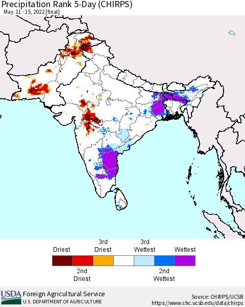 Southern Asia Precipitation Rank 5-Day (CHIRPS) Thematic Map For 5/11/2022 - 5/15/2022