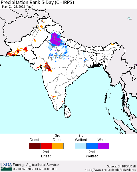 Southern Asia Precipitation Rank since 1981, 5-Day (CHIRPS) Thematic Map For 5/21/2022 - 5/25/2022