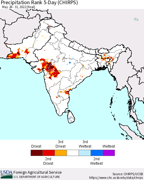 Southern Asia Precipitation Rank 5-Day (CHIRPS) Thematic Map For 5/26/2022 - 5/31/2022