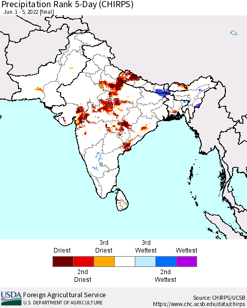 Southern Asia Precipitation Rank 5-Day (CHIRPS) Thematic Map For 6/1/2022 - 6/5/2022