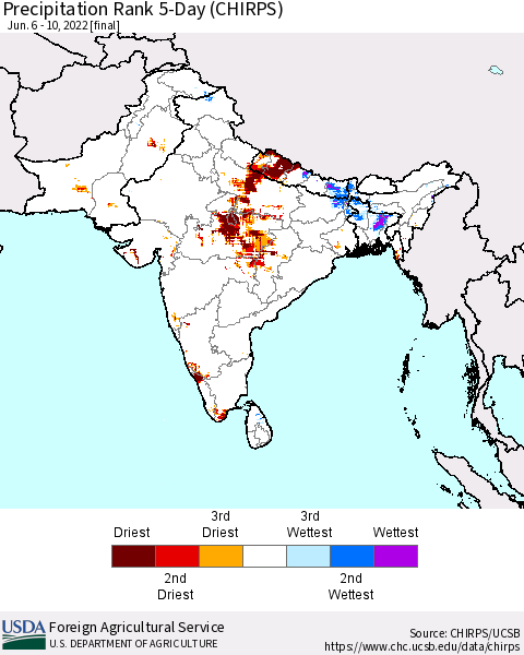 Southern Asia Precipitation Rank 5-Day (CHIRPS) Thematic Map For 6/6/2022 - 6/10/2022