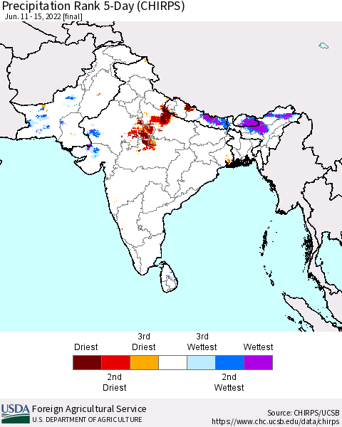 Southern Asia Precipitation Rank since 1981, 5-Day (CHIRPS) Thematic Map For 6/11/2022 - 6/15/2022