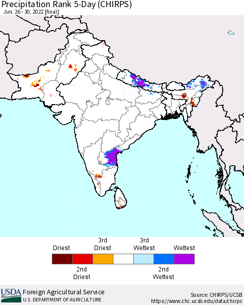 Southern Asia Precipitation Rank since 1981, 5-Day (CHIRPS) Thematic Map For 6/26/2022 - 6/30/2022