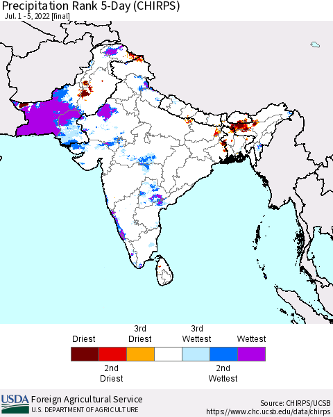 Southern Asia Precipitation Rank since 1981, 5-Day (CHIRPS) Thematic Map For 7/1/2022 - 7/5/2022