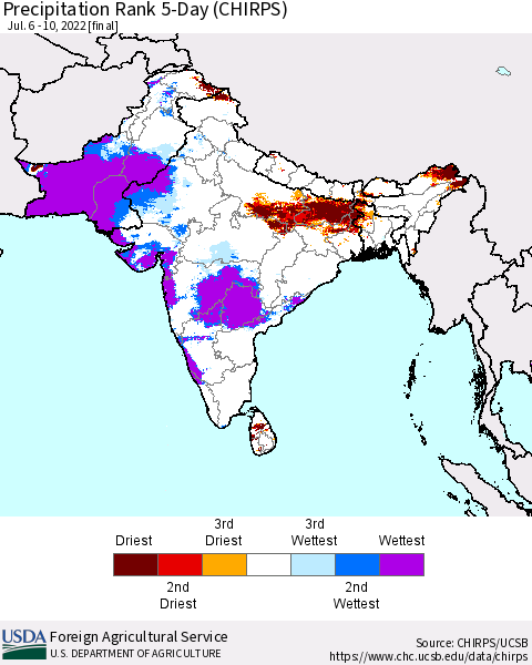 Southern Asia Precipitation Rank since 1981, 5-Day (CHIRPS) Thematic Map For 7/6/2022 - 7/10/2022