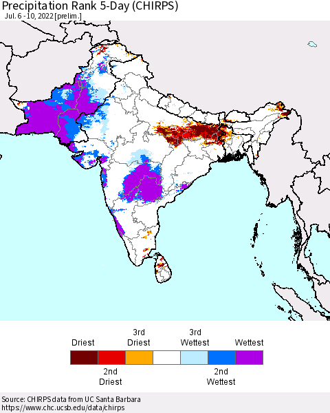 Southern Asia Precipitation Rank 5-Day (CHIRPS) Thematic Map For 7/6/2022 - 7/10/2022