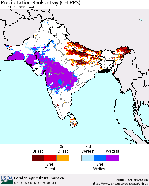 Southern Asia Precipitation Rank since 1981, 5-Day (CHIRPS) Thematic Map For 7/11/2022 - 7/15/2022