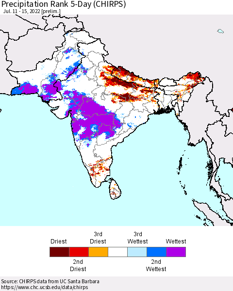 Southern Asia Precipitation Rank 5-Day (CHIRPS) Thematic Map For 7/11/2022 - 7/15/2022
