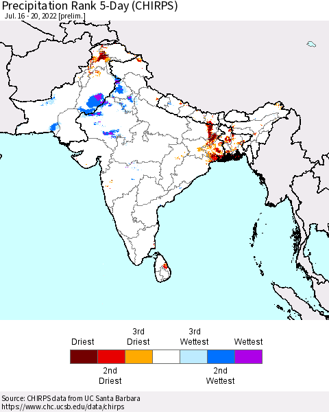 Southern Asia Precipitation Rank 5-Day (CHIRPS) Thematic Map For 7/16/2022 - 7/20/2022