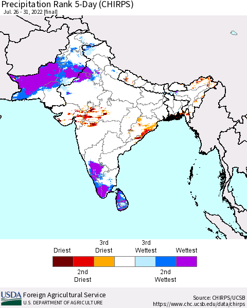 Southern Asia Precipitation Rank 5-Day (CHIRPS) Thematic Map For 7/26/2022 - 7/31/2022