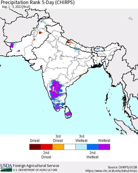 Southern Asia Precipitation Rank since 1981, 5-Day (CHIRPS) Thematic Map For 8/1/2022 - 8/5/2022