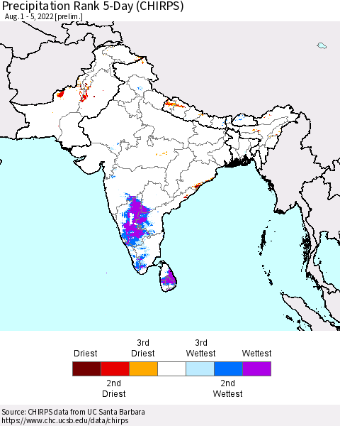 Southern Asia Precipitation Rank 5-Day (CHIRPS) Thematic Map For 8/1/2022 - 8/5/2022