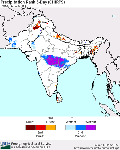 Southern Asia Precipitation Rank since 1981, 5-Day (CHIRPS) Thematic Map For 8/6/2022 - 8/10/2022