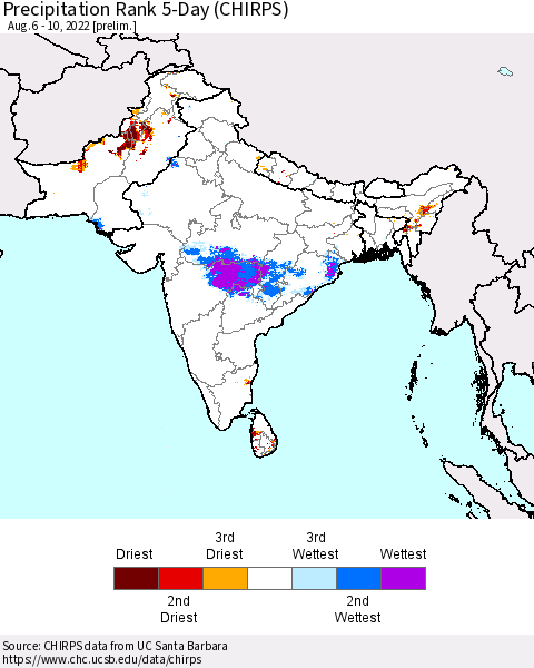 Southern Asia Precipitation Rank 5-Day (CHIRPS) Thematic Map For 8/6/2022 - 8/10/2022