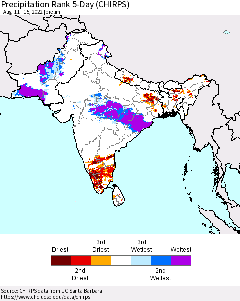 Southern Asia Precipitation Rank 5-Day (CHIRPS) Thematic Map For 8/11/2022 - 8/15/2022
