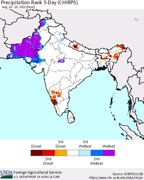 Southern Asia Precipitation Rank since 1981, 5-Day (CHIRPS) Thematic Map For 8/16/2022 - 8/20/2022