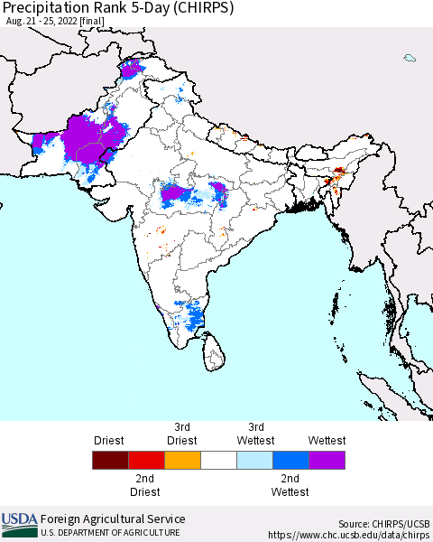 Southern Asia Precipitation Rank 5-Day (CHIRPS) Thematic Map For 8/21/2022 - 8/25/2022