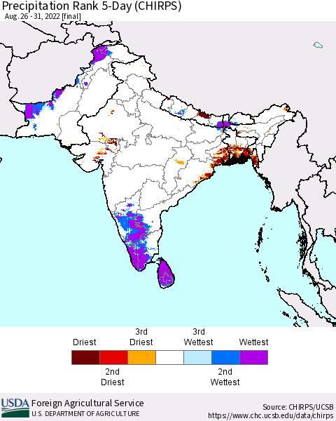 Southern Asia Precipitation Rank 5-Day (CHIRPS) Thematic Map For 8/26/2022 - 8/31/2022