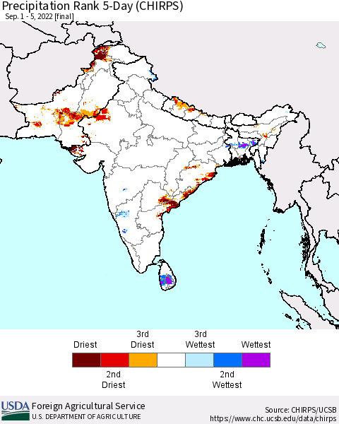 Southern Asia Precipitation Rank since 1981, 5-Day (CHIRPS) Thematic Map For 9/1/2022 - 9/5/2022