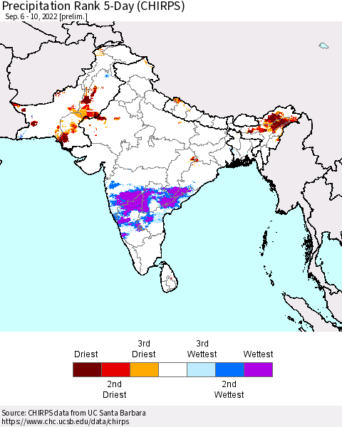 Southern Asia Precipitation Rank 5-Day (CHIRPS) Thematic Map For 9/6/2022 - 9/10/2022
