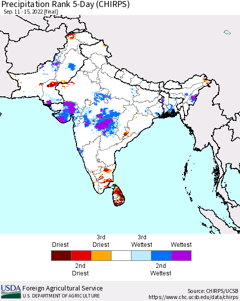 Southern Asia Precipitation Rank since 1981, 5-Day (CHIRPS) Thematic Map For 9/11/2022 - 9/15/2022