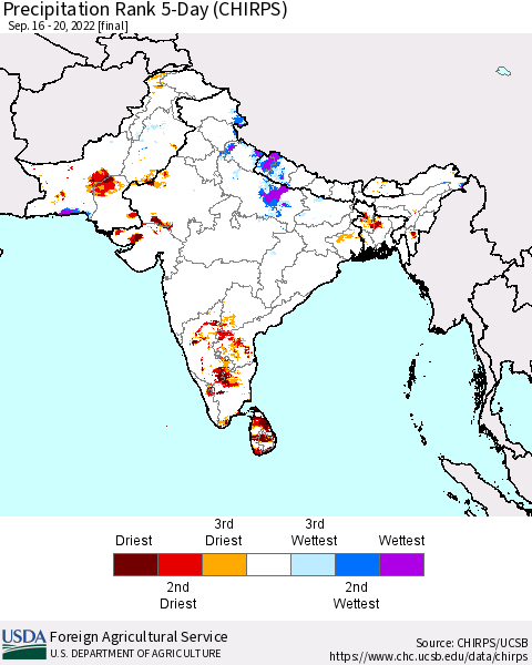 Southern Asia Precipitation Rank since 1981, 5-Day (CHIRPS) Thematic Map For 9/16/2022 - 9/20/2022