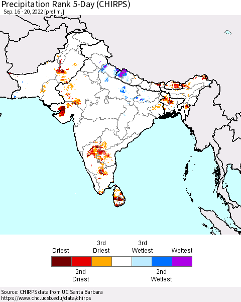 Southern Asia Precipitation Rank 5-Day (CHIRPS) Thematic Map For 9/16/2022 - 9/20/2022