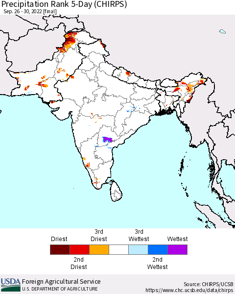 Southern Asia Precipitation Rank since 1981, 5-Day (CHIRPS) Thematic Map For 9/26/2022 - 9/30/2022