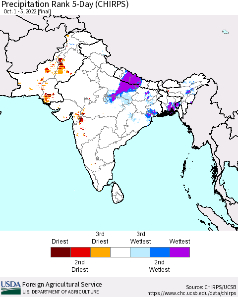 Southern Asia Precipitation Rank 5-Day (CHIRPS) Thematic Map For 10/1/2022 - 10/5/2022