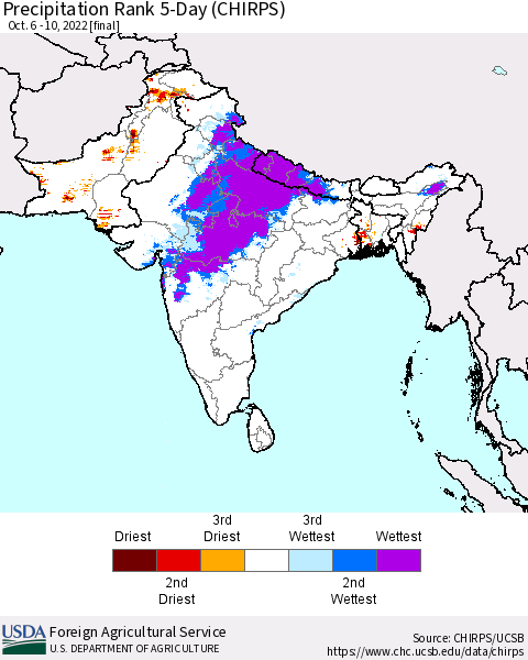Southern Asia Precipitation Rank 5-Day (CHIRPS) Thematic Map For 10/6/2022 - 10/10/2022