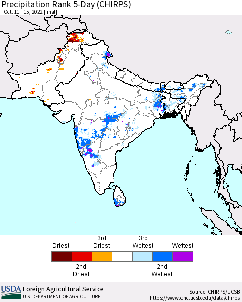 Southern Asia Precipitation Rank since 1981, 5-Day (CHIRPS) Thematic Map For 10/11/2022 - 10/15/2022