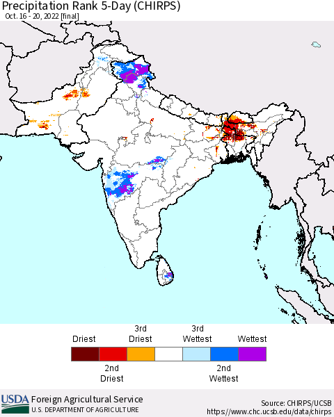 Southern Asia Precipitation Rank since 1981, 5-Day (CHIRPS) Thematic Map For 10/16/2022 - 10/20/2022