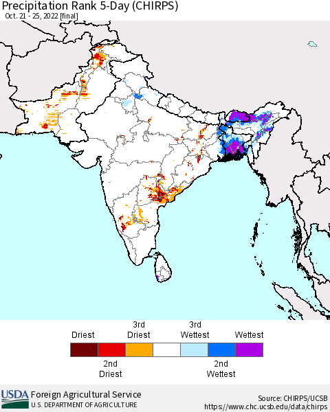 Southern Asia Precipitation Rank 5-Day (CHIRPS) Thematic Map For 10/21/2022 - 10/25/2022