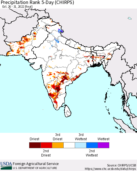 Southern Asia Precipitation Rank since 1981, 5-Day (CHIRPS) Thematic Map For 10/26/2022 - 10/31/2022