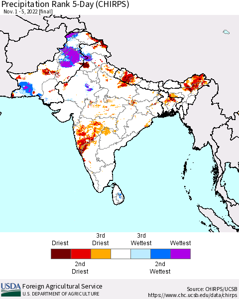 Southern Asia Precipitation Rank 5-Day (CHIRPS) Thematic Map For 11/1/2022 - 11/5/2022