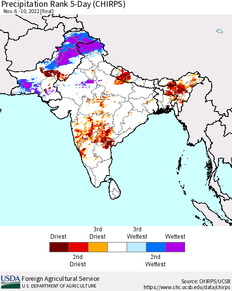 Southern Asia Precipitation Rank since 1981, 5-Day (CHIRPS) Thematic Map For 11/6/2022 - 11/10/2022