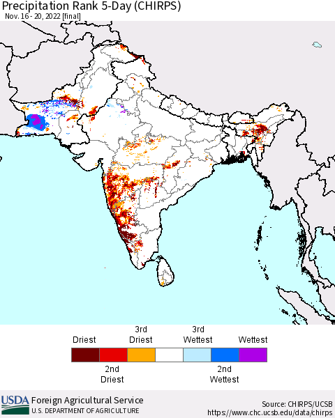 Southern Asia Precipitation Rank 5-Day (CHIRPS) Thematic Map For 11/16/2022 - 11/20/2022