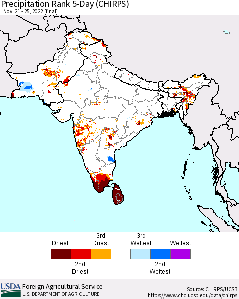 Southern Asia Precipitation Rank 5-Day (CHIRPS) Thematic Map For 11/21/2022 - 11/25/2022