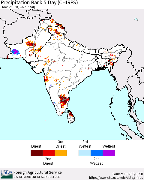 Southern Asia Precipitation Rank 5-Day (CHIRPS) Thematic Map For 11/26/2022 - 11/30/2022