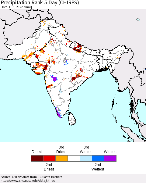 Southern Asia Precipitation Rank 5-Day (CHIRPS) Thematic Map For 12/1/2022 - 12/5/2022