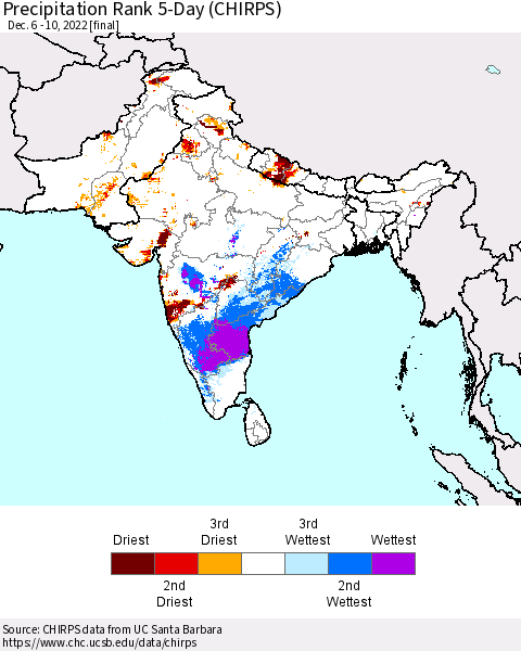 Southern Asia Precipitation Rank 5-Day (CHIRPS) Thematic Map For 12/6/2022 - 12/10/2022