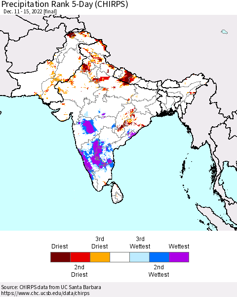 Southern Asia Precipitation Rank 5-Day (CHIRPS) Thematic Map For 12/11/2022 - 12/15/2022