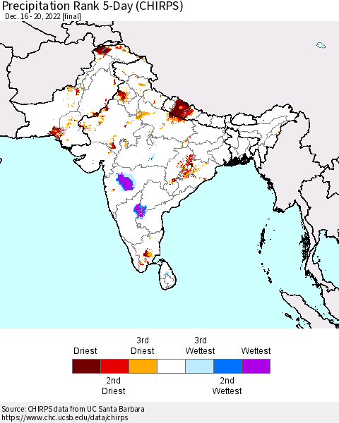 Southern Asia Precipitation Rank since 1981, 5-Day (CHIRPS) Thematic Map For 12/16/2022 - 12/20/2022