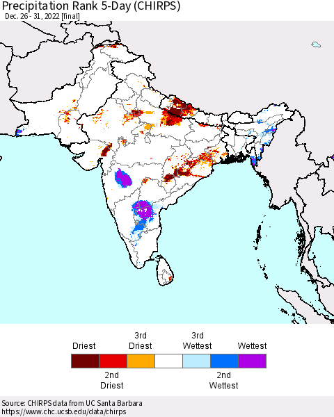 Southern Asia Precipitation Rank since 1981, 5-Day (CHIRPS) Thematic Map For 12/26/2022 - 12/31/2022