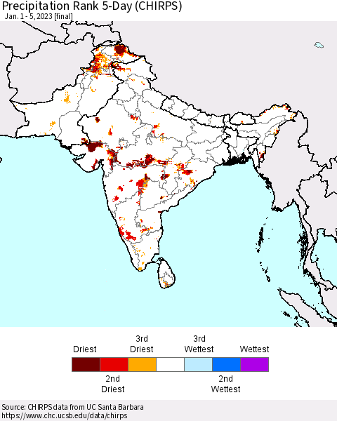 Southern Asia Precipitation Rank 5-Day (CHIRPS) Thematic Map For 1/1/2023 - 1/5/2023
