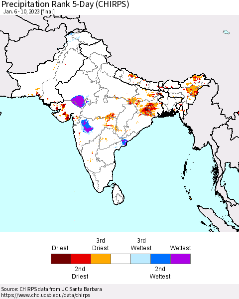 Southern Asia Precipitation Rank since 1981, 5-Day (CHIRPS) Thematic Map For 1/6/2023 - 1/10/2023