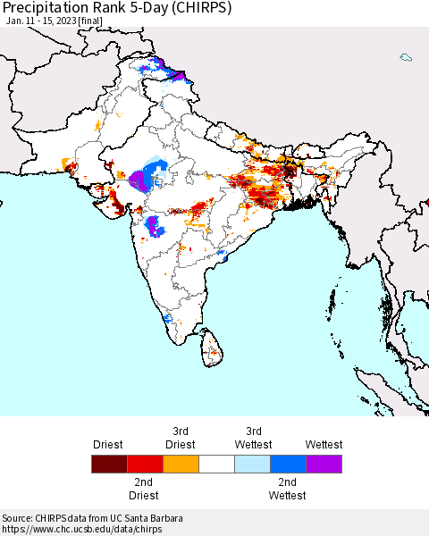 Southern Asia Precipitation Rank since 1981, 5-Day (CHIRPS) Thematic Map For 1/11/2023 - 1/15/2023