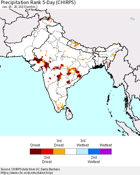 Southern Asia Precipitation Rank 5-Day (CHIRPS) Thematic Map For 1/16/2023 - 1/20/2023