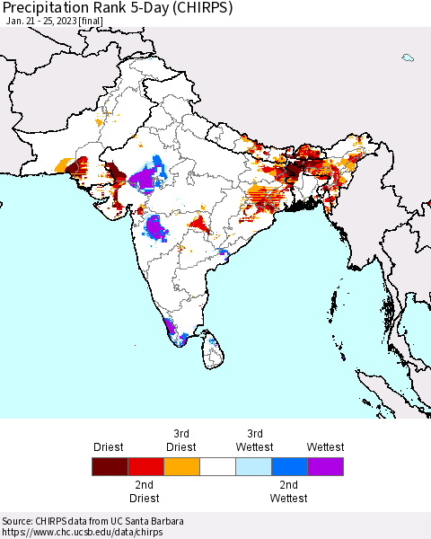 Southern Asia Precipitation Rank 5-Day (CHIRPS) Thematic Map For 1/21/2023 - 1/25/2023